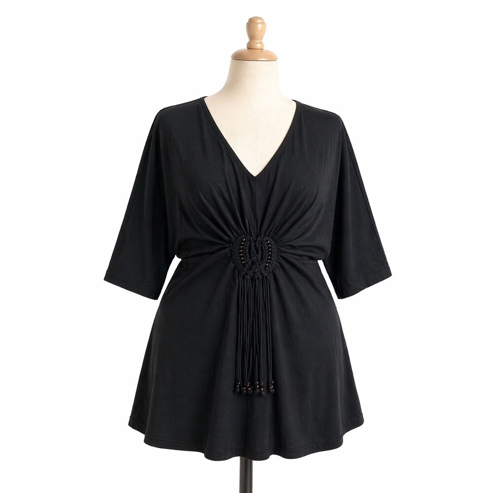 Denim 24/7 Women Plus Size 5X Black Tunic Top V-Neck Tassel Cinch Short Sleeve